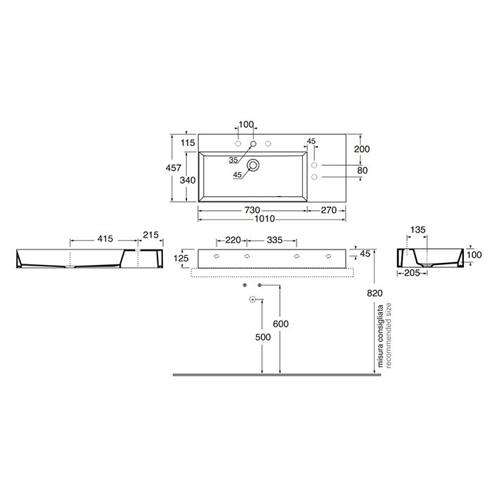 AZZURRA ELEGANCE Squared Раковина подвесная/накладная  102х46х12.5см c отв. под смеситель , цвет белый