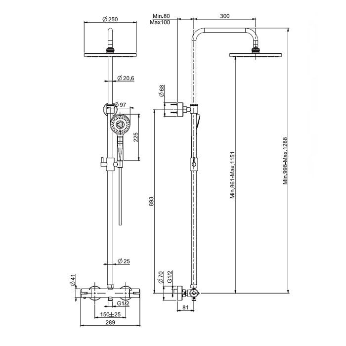 FIMA|Carlo Frattini Wellness Смеситель для душа внешнего монтажа, термостатический, с душевой стойкой, верхним душем Ø 250 мм. и душ компл, цвет хром
