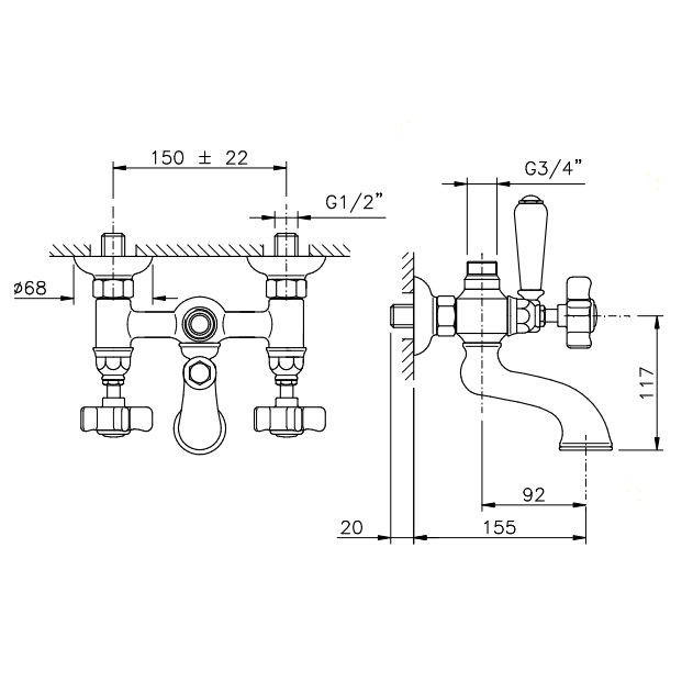 Nicolazzi Dames Anglaises Смеситель для ванны на 2 отверстия, с переключателем ванна/душ, вывод сверху 3/4'' (для душ. стойки), цвет: золото, артикул 1400GB18