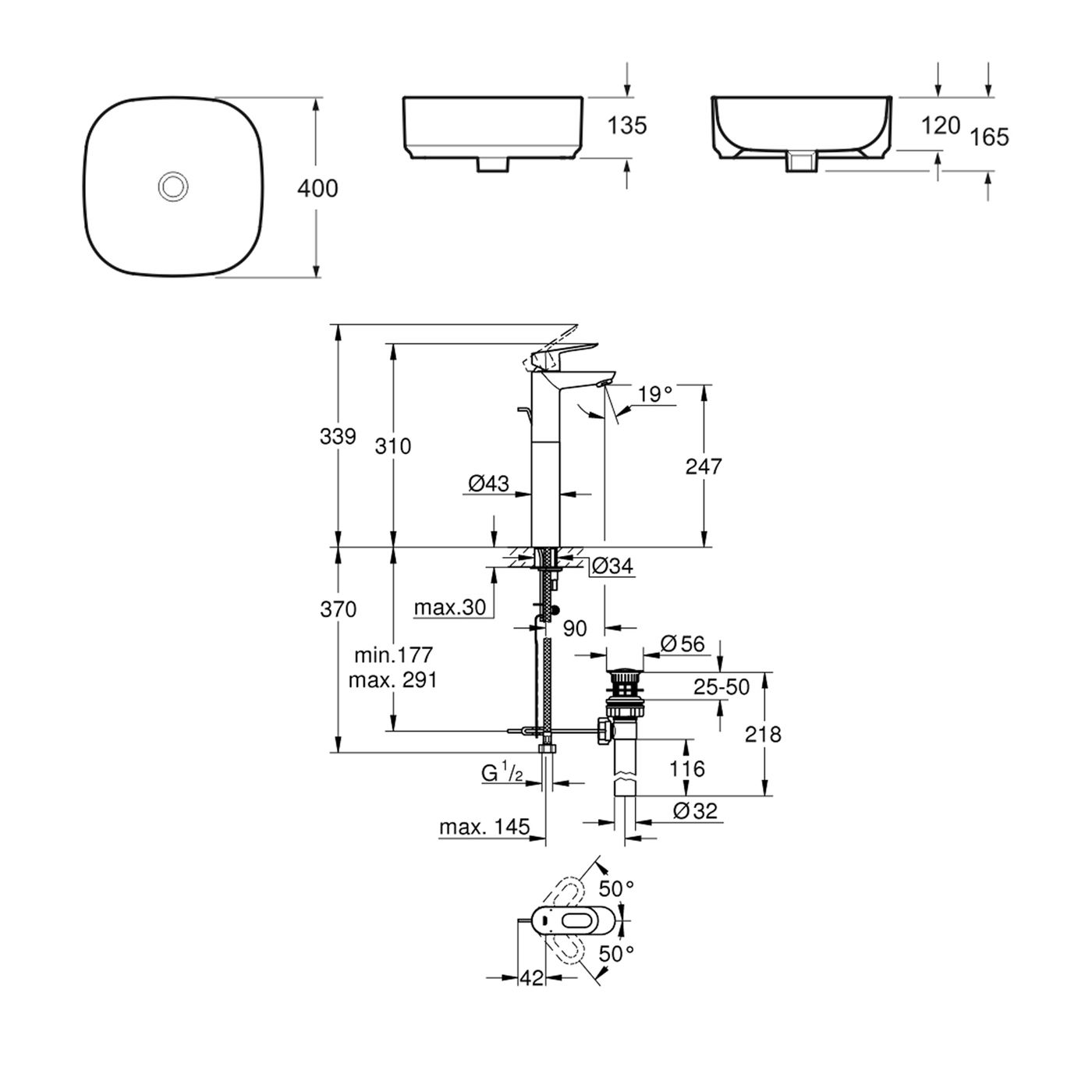 Комплект 2 в 1 Lavinia Boho Bathroom Sink Slim 21510235, накладная фарфоровая раковина 40 см, смеситель с донным клапаном