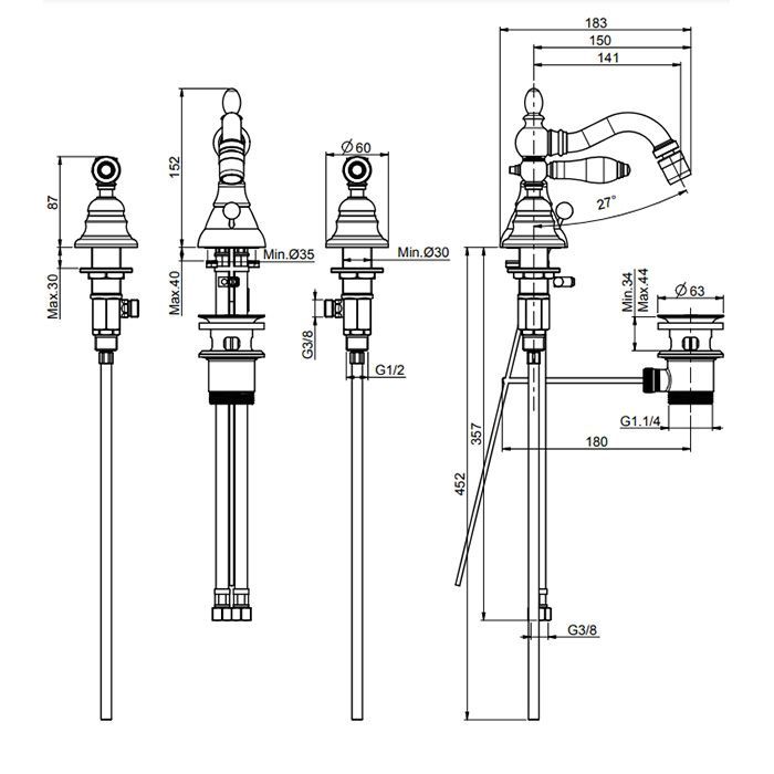 Fima Carlo Frattini Herend Cмеситель для биде, на 3 отв., с донным клапанном, черные ручки, цвет: хром Fima Carlo Frattini Herend Cмеситель для биде, на 3 отв., с донным клапанном, черные ручки, цвет: хром