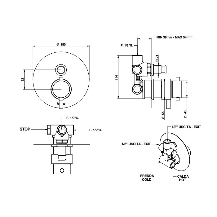 Bongio T Mix Встраиваемый термостатический смеситель для душа, цвет золото