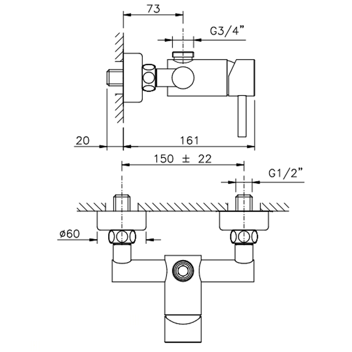NICOLAZZI OLYMPUS Смеситель для душевой стойки, настенный, вывод сверху 3/4'', цвет хром, артикул 3725CR