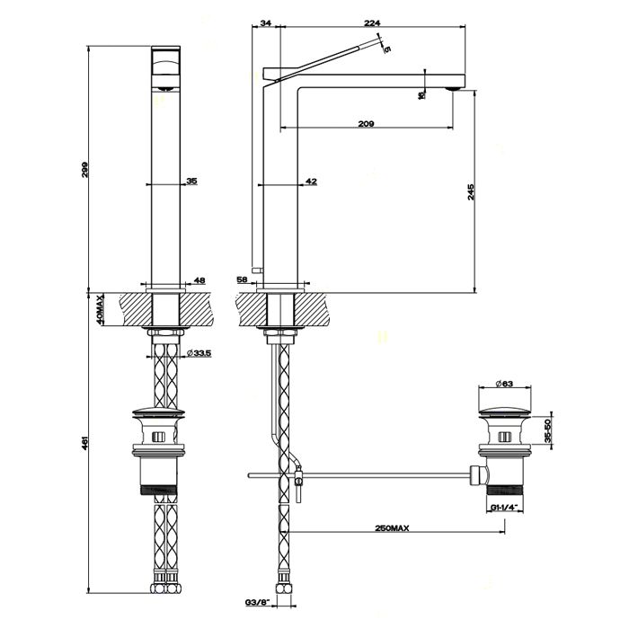 Gessi Rettangolo K Смеситель для раковины на 1 отверстие, с донным клапаном, излив 213мм, цвет: черный