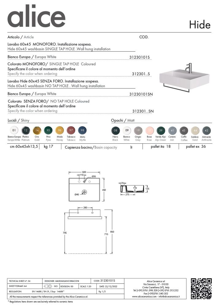Alice Hide, подвесная прямоугольная раковина 60x45x13,5h см c крепежом fix01, цвет белый глянцевый, артикул 31230101S