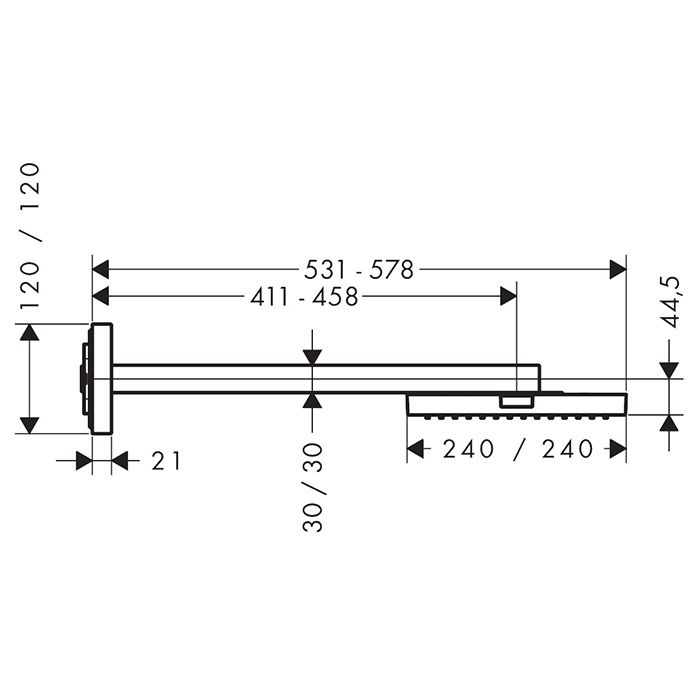 AXOR SHOWERS Верхний душ 240x240 мм., с настенным держателем 411-458 мм., внешняя часть, цвет сталь AXOR SHOWERS Верхний душ 240x240 мм., с настенным держателем 411-458 мм., внешняя часть, цвет сталь