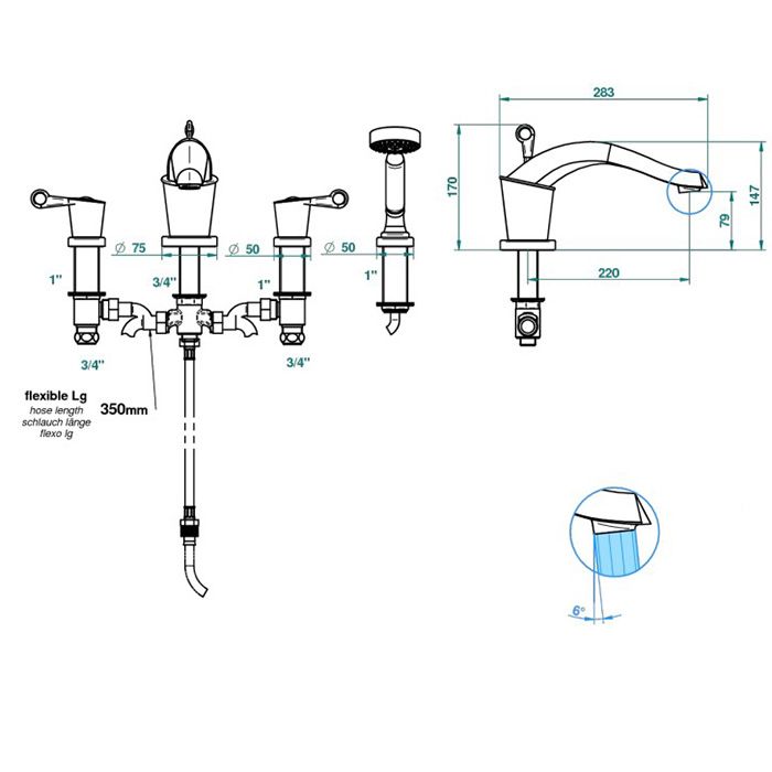THG BAGATELLE PIERRE NOIRE MANETTES Смеситель для для установки на борт ванны на 4 отверстия, с ручным душем, ручки черные, цвет полированное золото