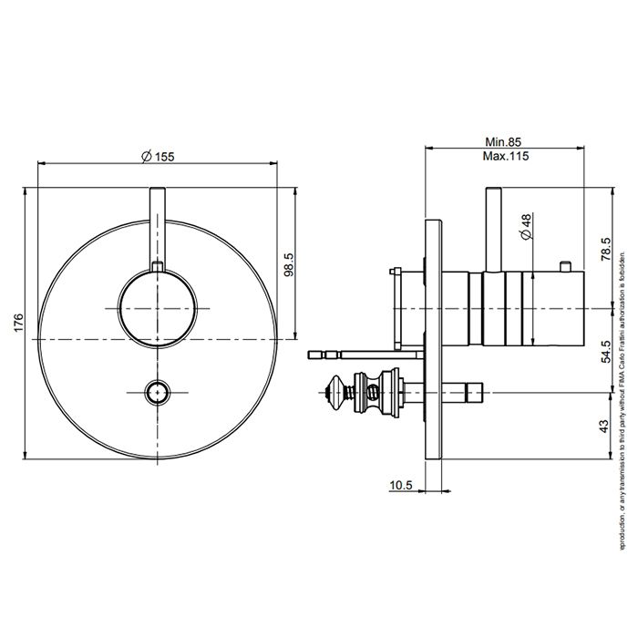 Смеситель для душа, Fima Carlo Frattini, Fimatherm, тип открывания воды-однорычажный, тип регулирования воды-термостатический картридж, монтаж-настенный встраиваемый, на два источника с переключателем, внутренняя часть-необходимо заказать, цвет-хром