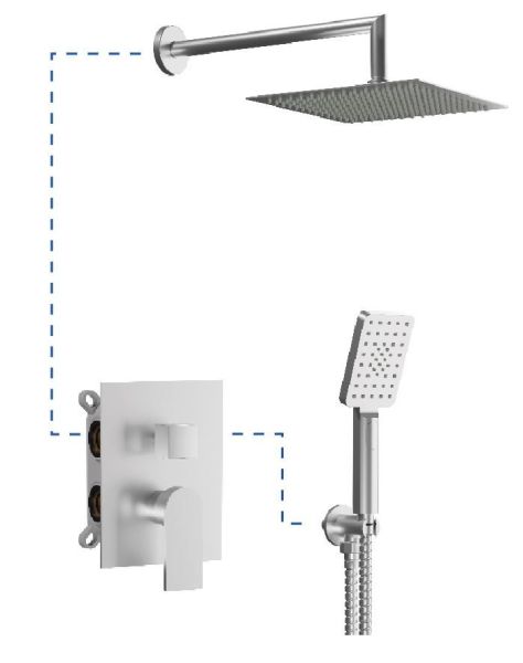 AQG Alpha, душевой комплект на 2 потребителя с квадратным верхним душем 25х25 см и кронштейном, цвет никель сатин (PVD)