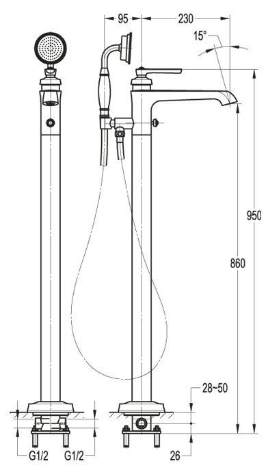 Напольный смеситель для ванны с ручным душем CEZARES LIBERTY-F-VDP-01