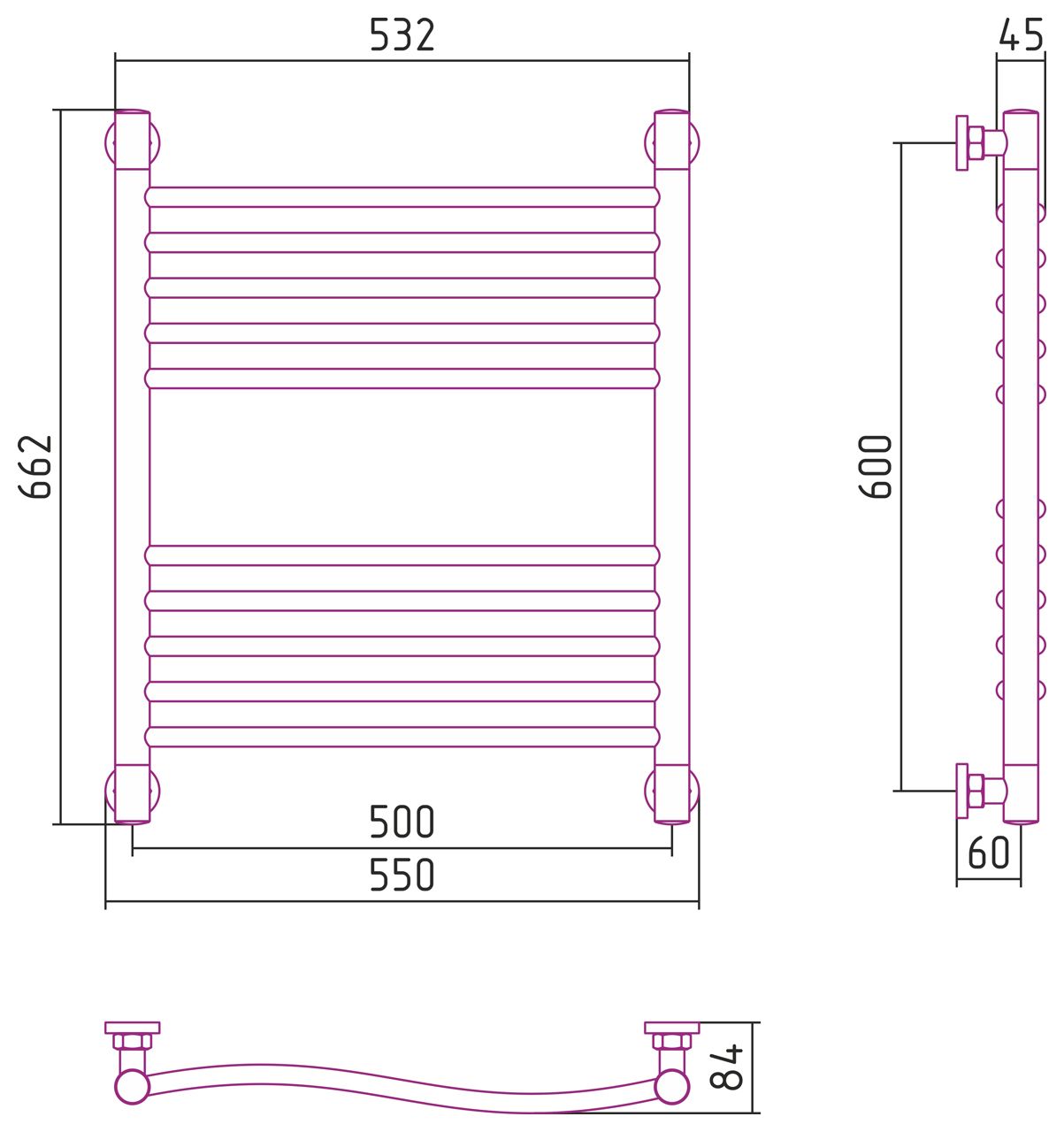 Полотенцесушитель водяной "ФЛЮИД+" 600х500 (МУАР Темный Титан)