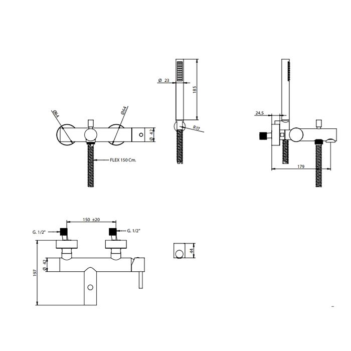 BONGIO ON Смеситель для ванны настенный, однорычажный, с ручным душем, настенным держателем и шлангом 1500 мм., цвет матовый черный хром, артикул 68526NM0DPR