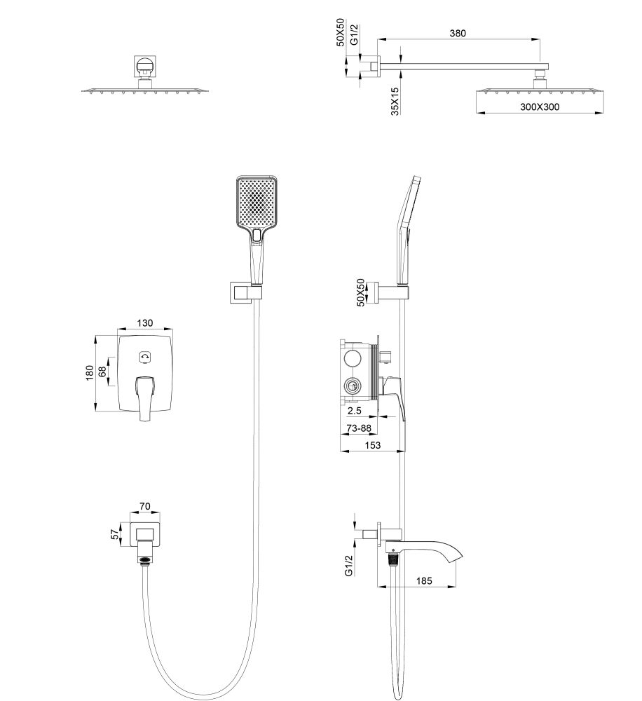 Душевая система встраиваемая WONZON & WOGHAND FLEX, Темный графит (WW-88939072-BGM)