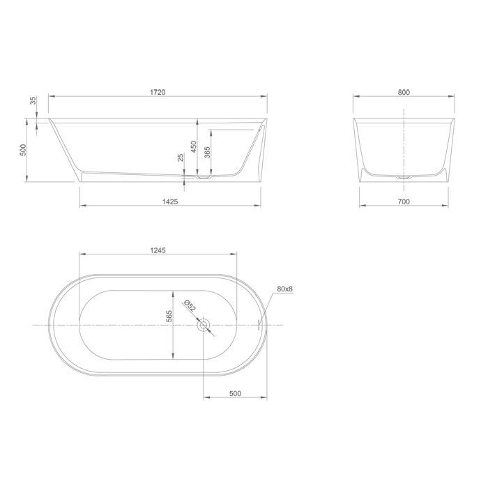 Ванна, KNIEF, Pearl, ширина, мм-1720, глубина, мм-800, высота, мм-500, тип установки-отдельностоящий, форма-овальная, щелевой слив-перелив click-clack-в комплекте, диаметр слива, мм-52, ножки-есть, материал-акрил, цвет-белый матовый