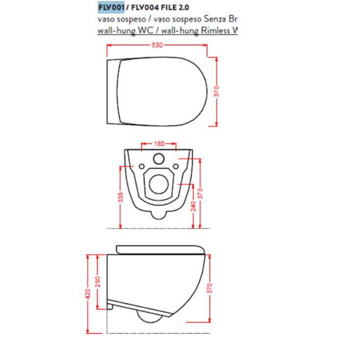 Унитаз, Artceram, File 2.0, безободковый, тип установки-подвесной, ширина, мм-370, глубина, мм-530, высота, мм-370, форма чаши-овальная, выпуск-горизонтальный, без декора, материал-санфаянс, сиденье-необходимо заказать, крепления в комплекте, цвет-Grigio 