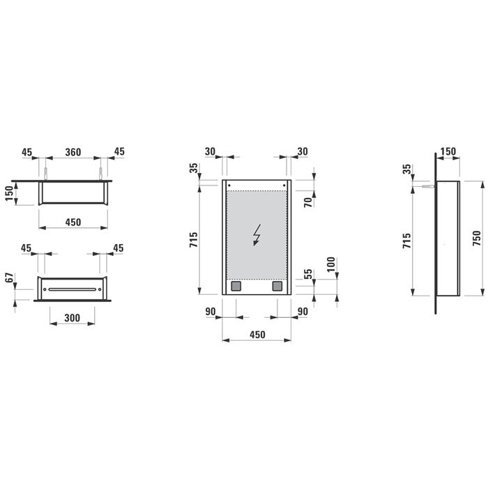 Зеркальный шкаф, Laufen, Frame25, ширина, мм-450, глубина, мм-150, высота, мм-750, тип установки-настенный, с подсветкой, тип освещения-светодиодная подсветка (LED) 2 вертикальных элемента, (регулируемая яркость), без окружающего освещения (внизу), тип вк