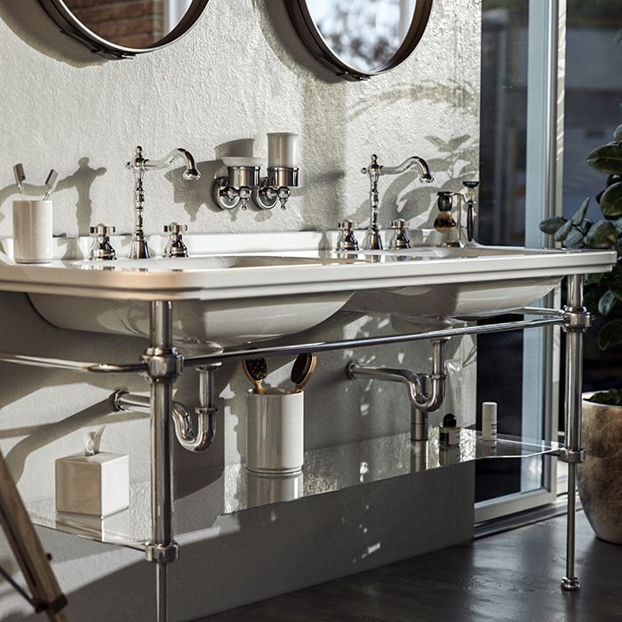 Kerasan Waldorf Раковина керамическая двойная 150х55см, c 1 отверстием под смеситель, белая, цвет заглушки - хром, артикул 4143K1bi/cr*1