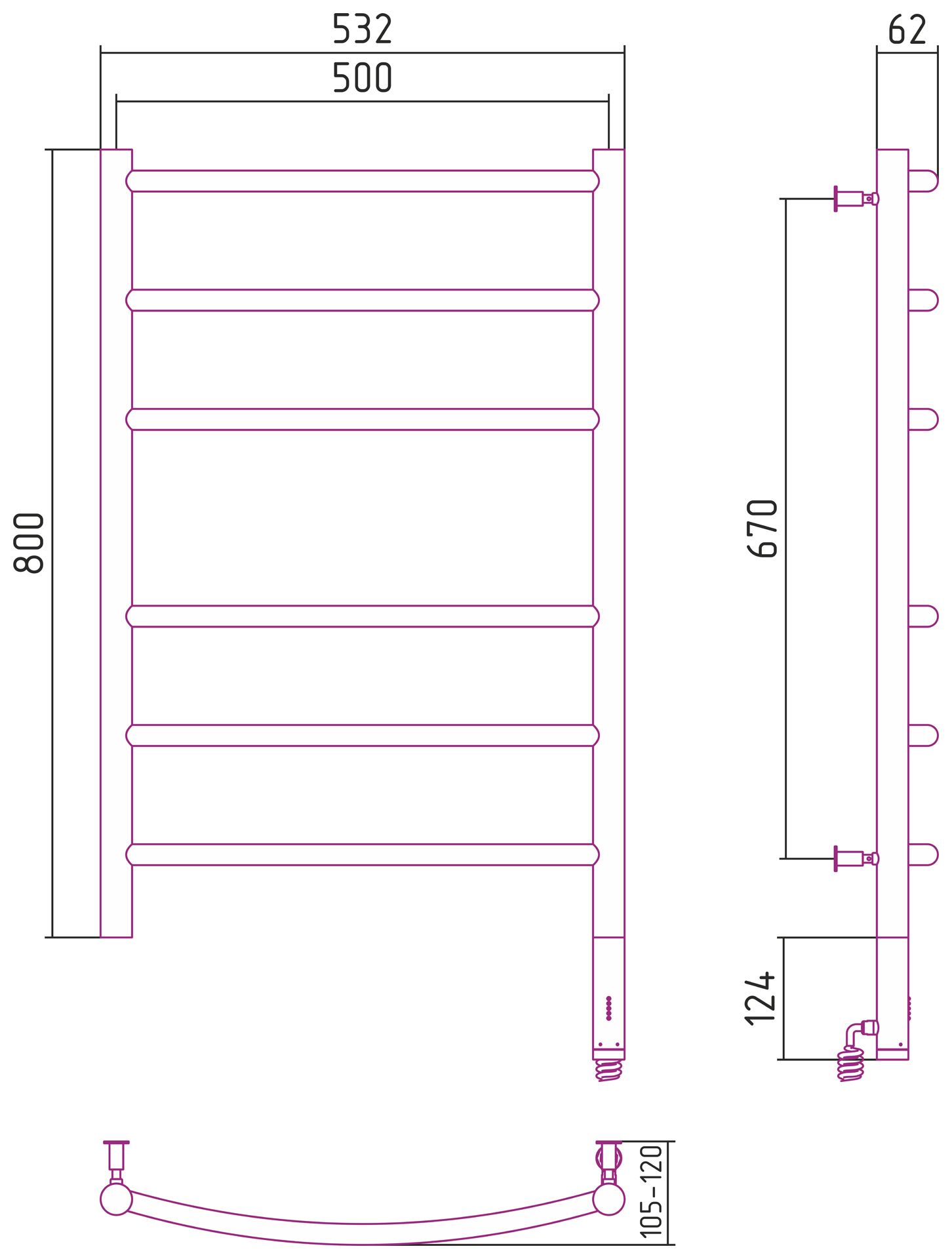 Полотенцесушитель электрический "ГАЛАНТ МЭМ" 800х500 / Прямой МЭМ правый (Матовый чёрный)