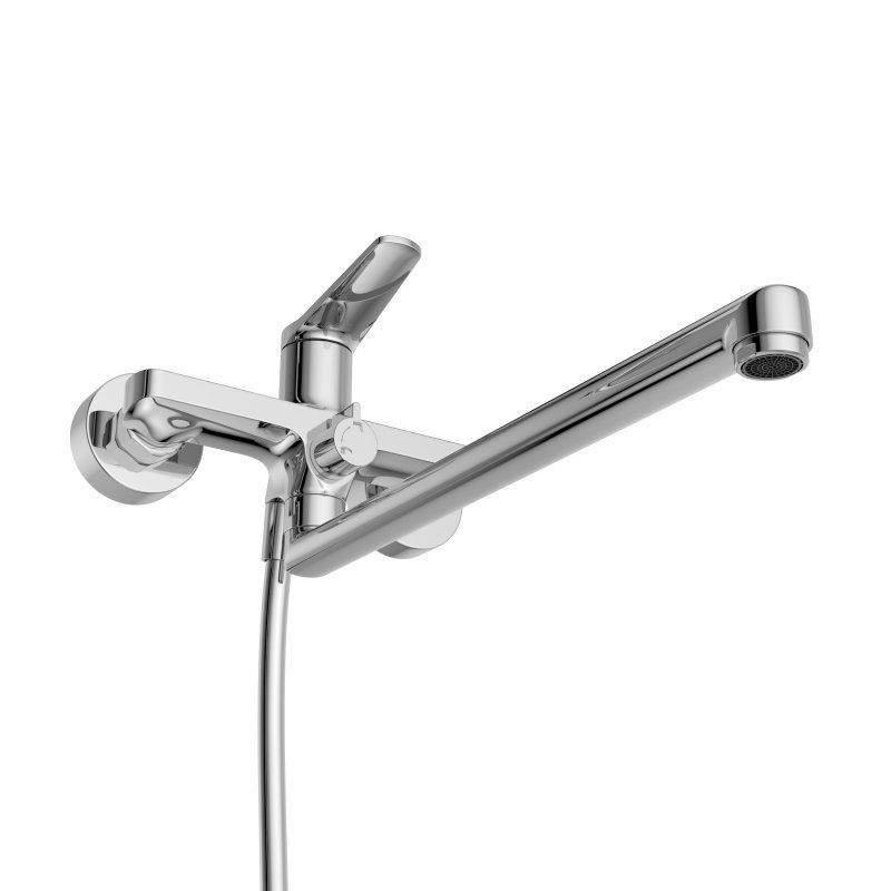 UNIQUE Смеситель для ванны и душа с длинным изливом в комплекте с ручным душем, шлангом и держателем, хром UNIQUE-VASM-L-CRM, артикул UNIQUE-VASM-L-CRM