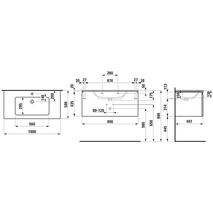 Laufen PRO S комплект: шкафчик с раковиной, 1000х500х460 мм, с раковиной Slim 1000 мм, 1 внутренний ящик, вкл.органайзер для ящика, белый глянцевый, артикул 8.6096.6.475.104.1