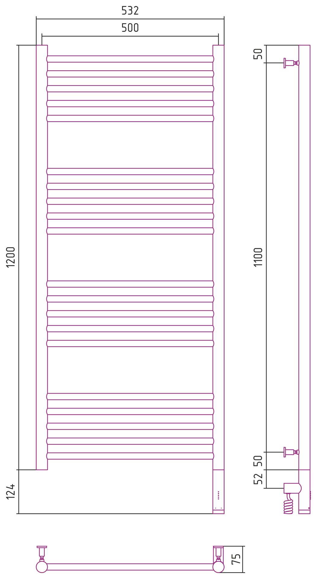 Полотенцесушитель электрический "БОГЕМА 3.0" прямая 1200х500 / МЭМ правый (Без покрытия)