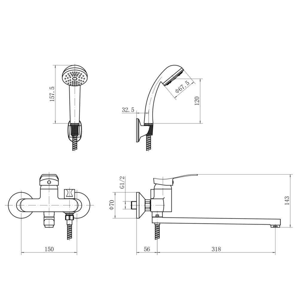 Смеситель ванно-душевой Plstart с душевым гарнитуром хром (PD22601), артикул PD22601