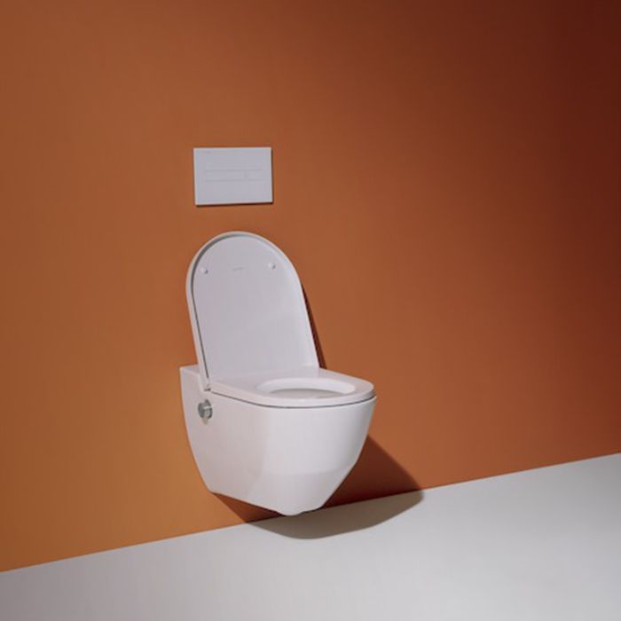 Унитаз, Laufen, Cleanet Navia, безободковый (с открытым смывным краем), тип установки-подвесной, ширина, мм-360, глубина, мм-580, форма чаши-овальная, выпуск-горизонтальный, сиденье с функцией биде-в комплекте, вид грязеотталкивающего покрытия-LCC, цвет-б