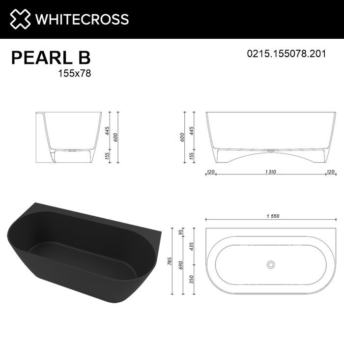 Ванна WHITECROSS Pearl B 155x78 (черный мат) иск. камень