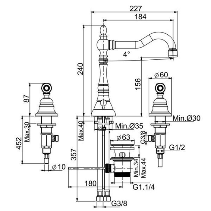 FIMA|Carlo Frattini Herend Смеситель для раковины, на 3 отверстия, с поворотным изливом, с донным клапаном, цвет золото FIMA|Carlo Frattini Herend Смеситель для раковины, на 3 отверстия, с поворотным изливом, с донным клапаном, цвет золото