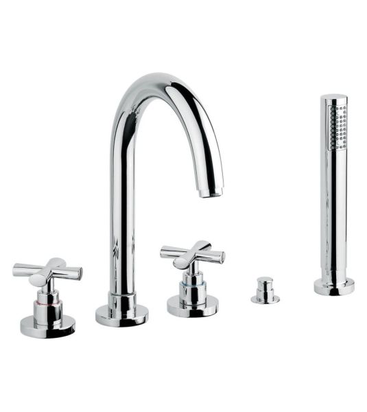 Emmevi Spirit New, комплект смесителя на борт ванны (излив 18,1 см), на 5 отверстий, с набором для душа, цвет брашированное золото