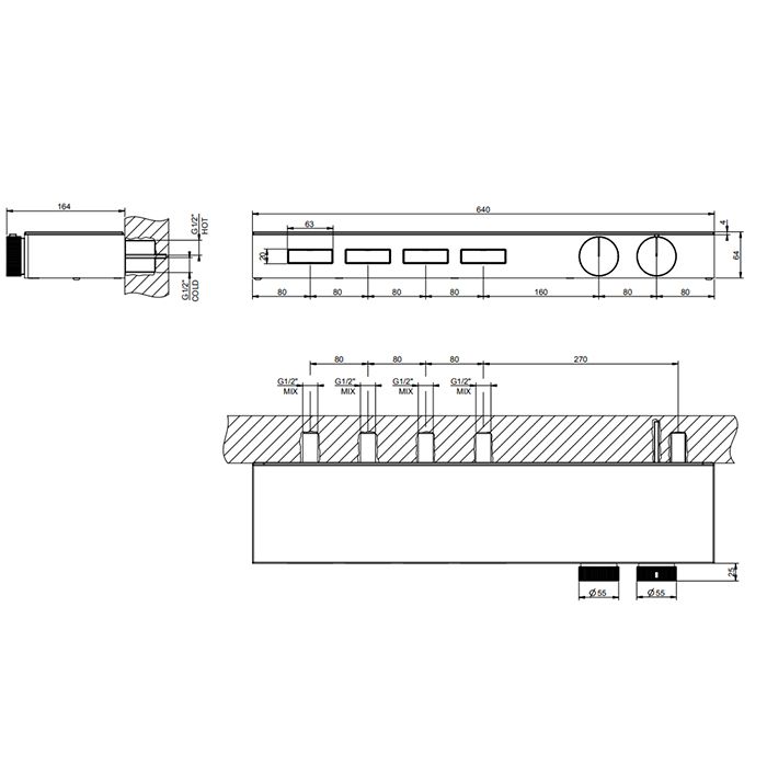 Gessi Hi-Fi Термостат для душа, с вкл. до 4 источников одновременно (внешняя часть), с полкой из черного мат. стекла, цвет: Copper Brushed PVD