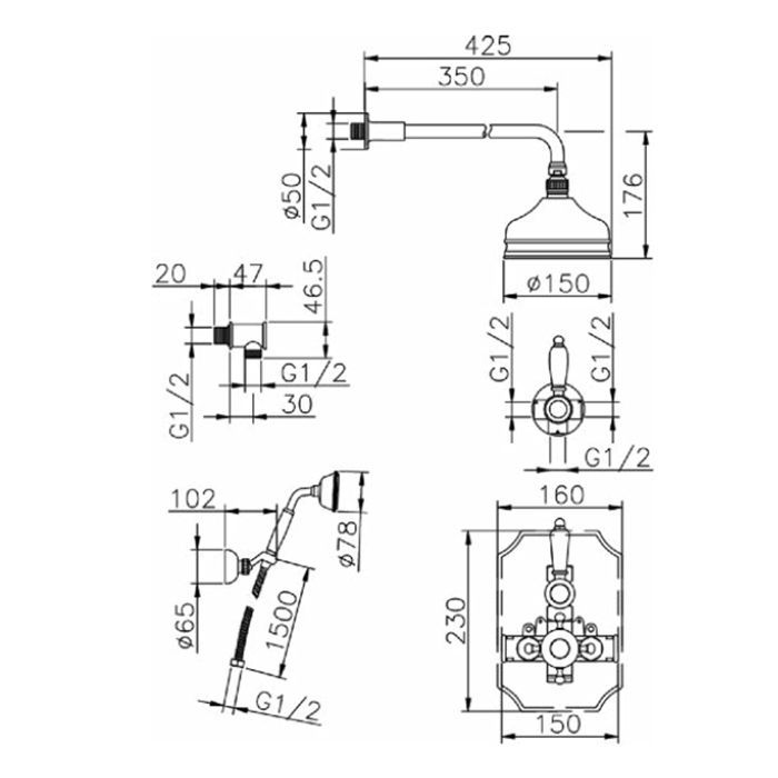 HUBER Victorian Комплект:термостат с запорным вентилем,перекл, верхний душ, ручной душ на держателе, цвет матовый никель