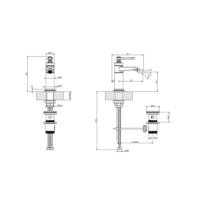 GESSI VENTI20 Смеситель для биде на 1 отверстие, однорычажный, в комплекте с донным клапаном, цвет Antique Brass
