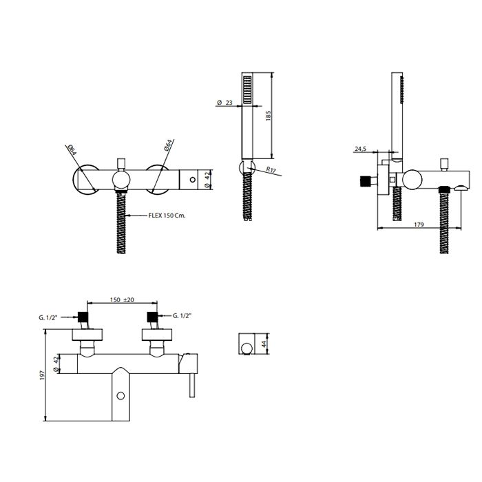 BONGIO ON Смеситель для ванны настенный, однорычажный, с ручным душем, настенным держателем и шлангом 1500 мм., цвет матовое французское золото, артикул 68526HM0DPR