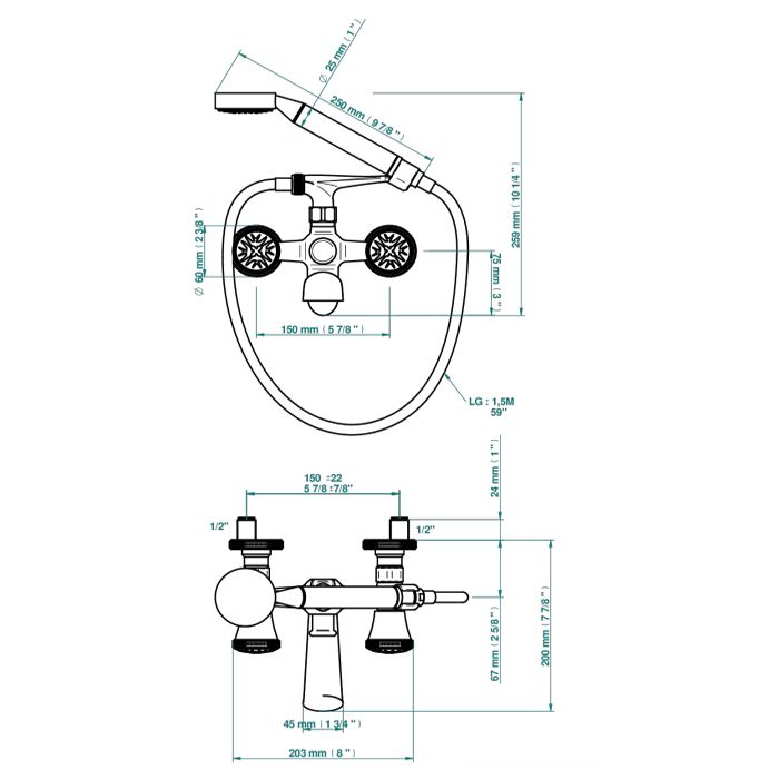 THG HIRONDELLES GOLD STAMPED Смеситель для ванны, настенный, с ручным душем, цвет Gold color PVD