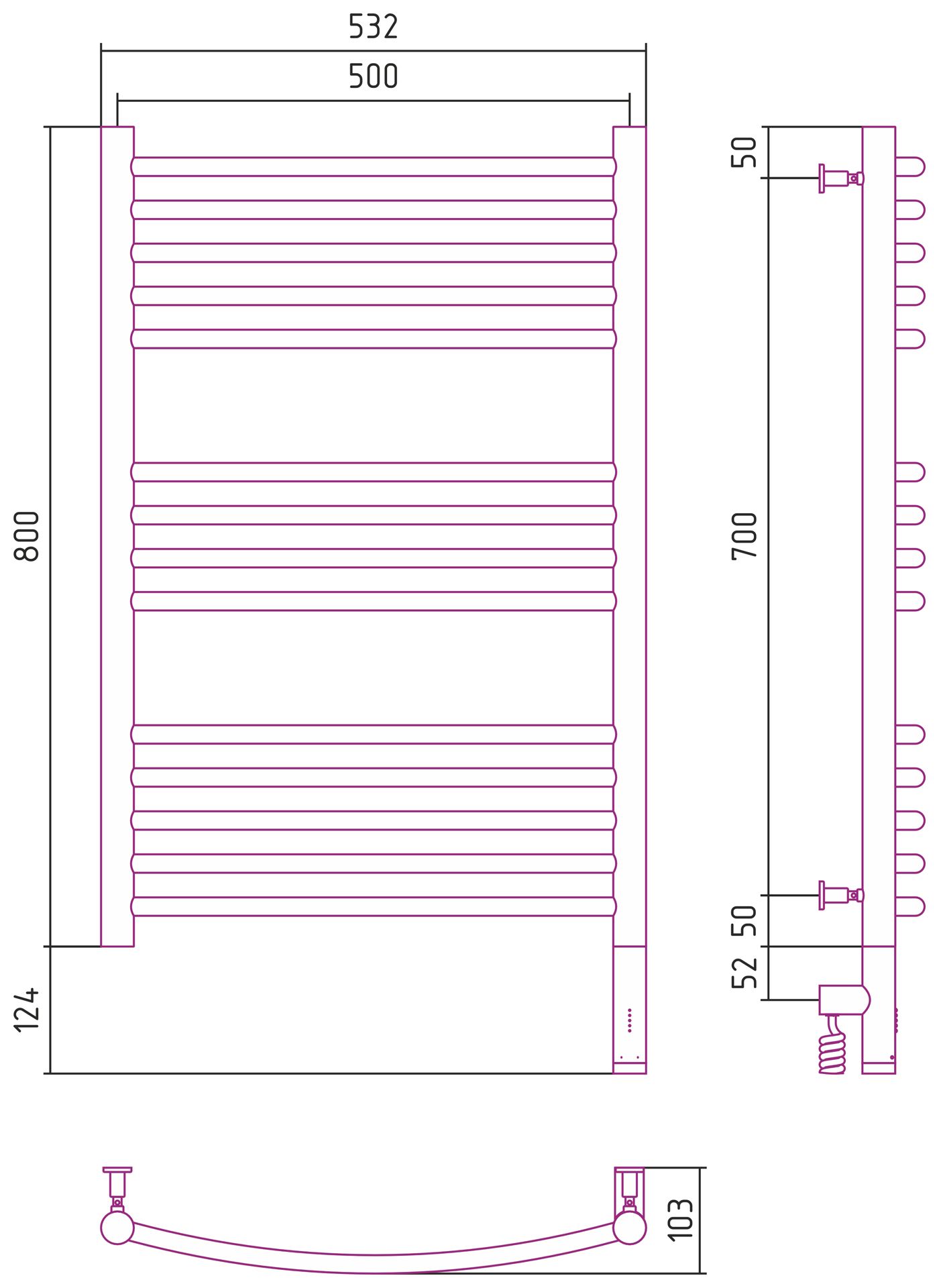 Полотенцесушитель электрический "БОГЕМА 3.0" 800х500 / МЭМ правый (Тёмный титан муар)