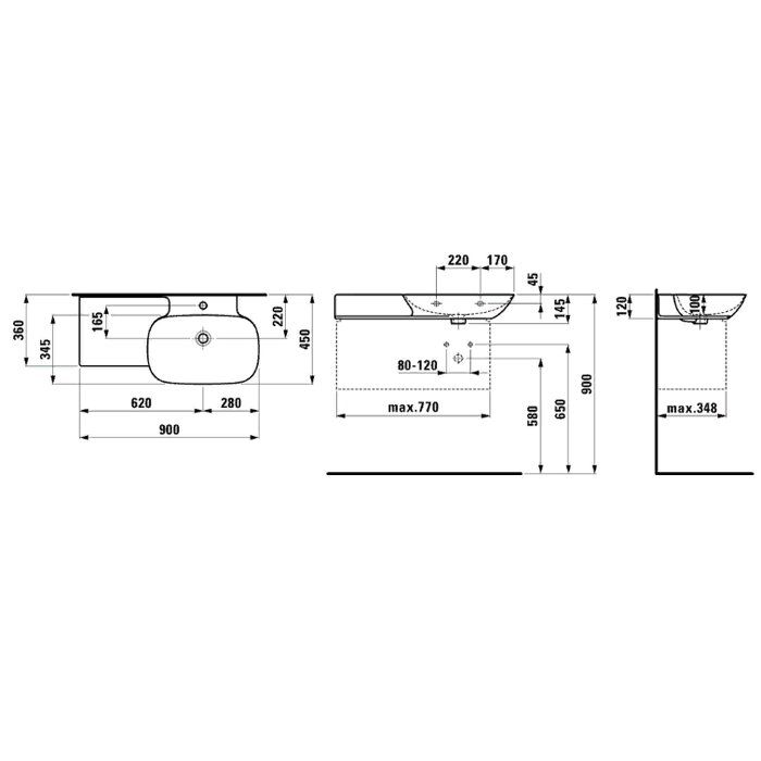 Laufen INO Раковина 900х450х120мм без отв. под смеситель, полка слева, цвет: белый Laufen INO Раковина 900х450х120мм без отв. под смеситель, полка слева, цвет: белый