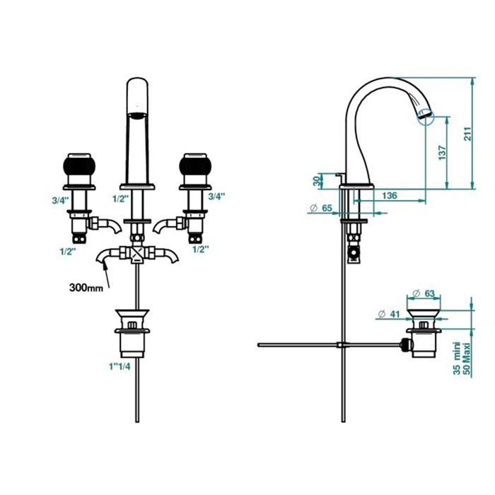 THG DIPLOMATE ROYALE Смеситель для раковины на 3 отверстия, с донным клапаном, цвет полированное золото