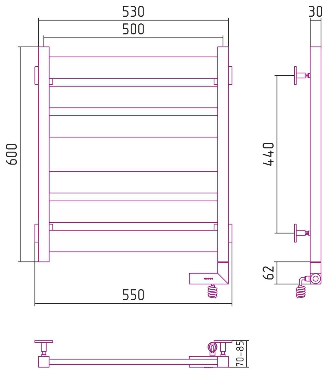 Полотенцесушитель электрический "ЦЕНТУРИОН 2.0" 600х500 / МЭМ правый (БЕЛЫЙ)
