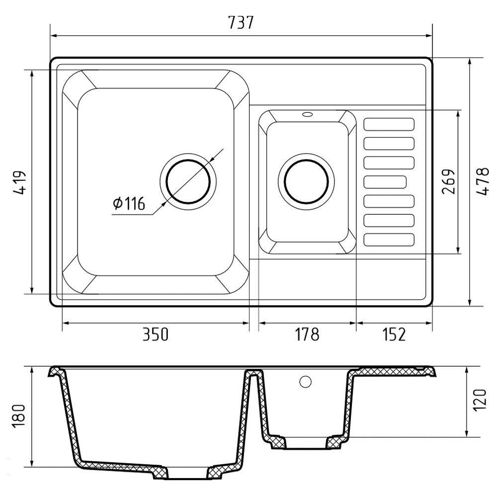 Кухонная мойка GranFest QUARZ 21К, темно-серый, артикул 21К темно-серый