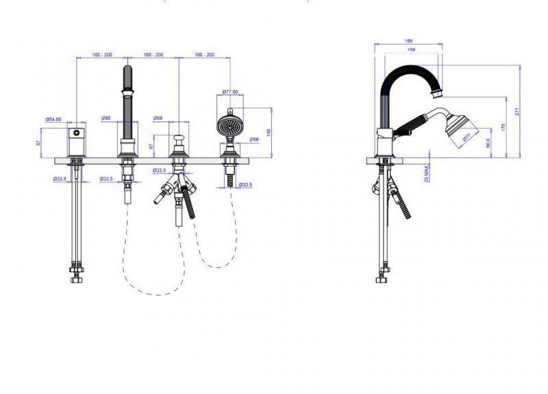 Смеситель на борт ванны с выдвижным душем и переключателем CEZARES OLIMP-BVDM