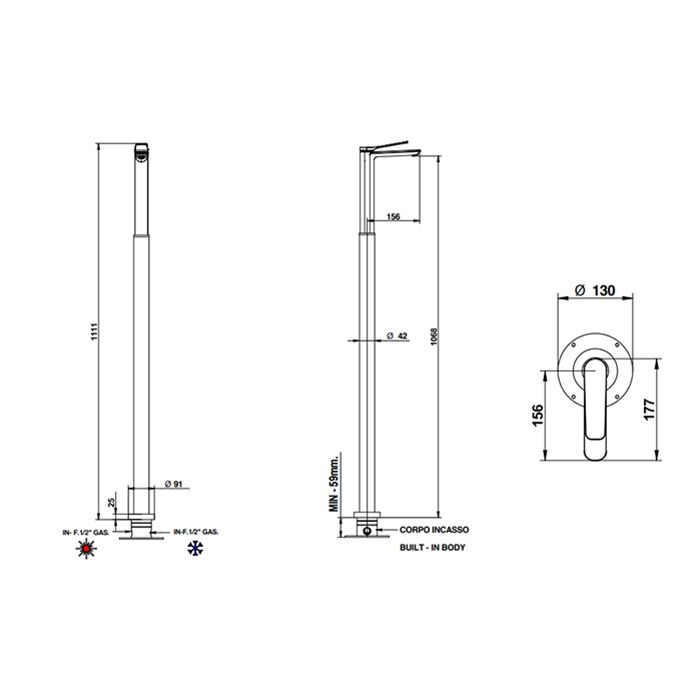 Bongio GIO2 Смеситель напольный 1111 мм, излив 156 мм, цвет хром (без встраив части 9744), артикул 80533CRPREU