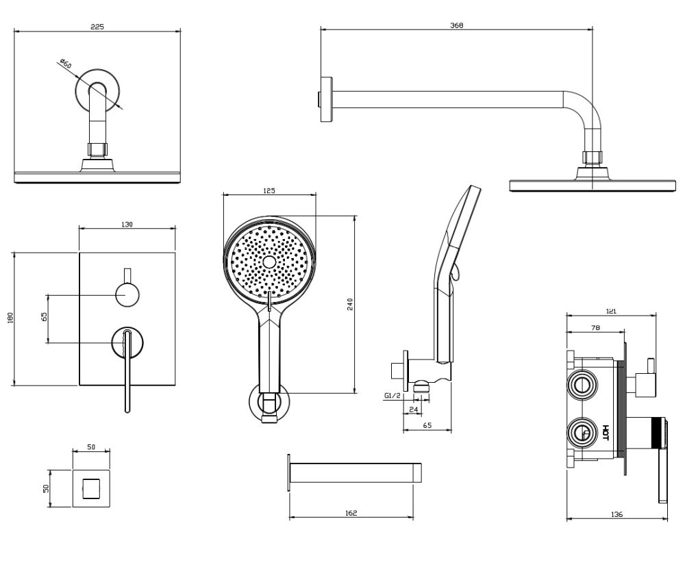 Душевая система для ванны и душа DQ Bonn встраиваемая с изливом хром (DA1705601), артикул DA1705601