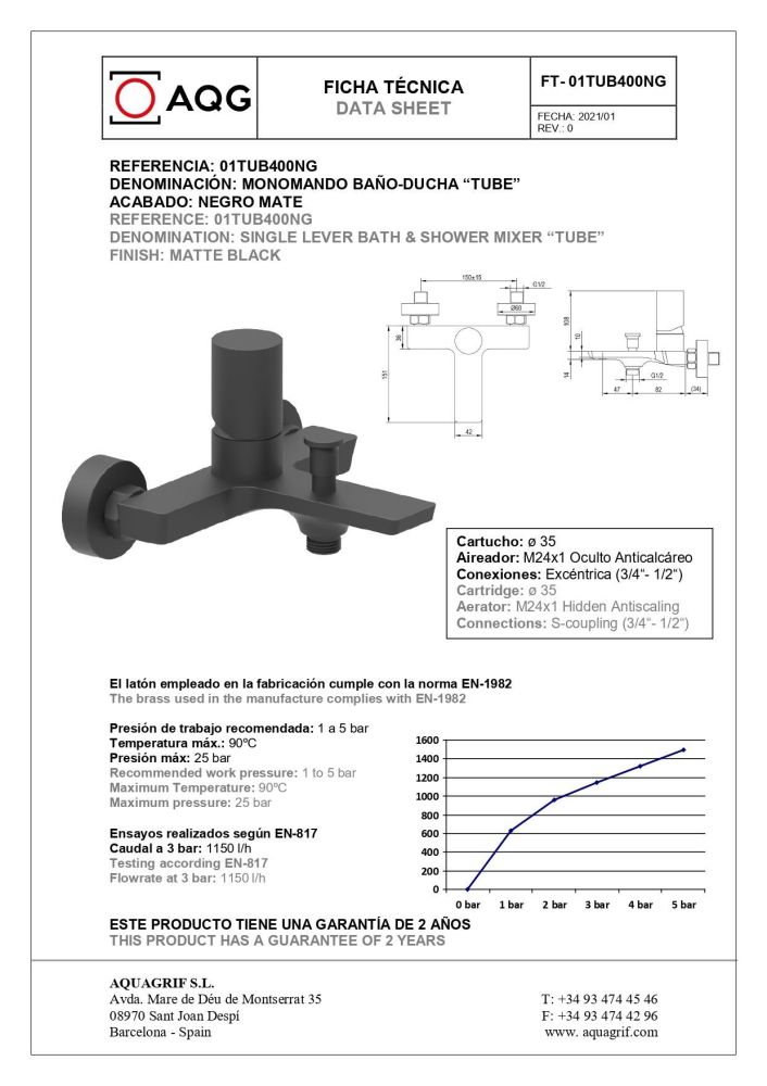 AQG Tube, однорычажный смеситель для ванны (излив 16,3 см), c набором для душа SET-O, цвет черный матовый