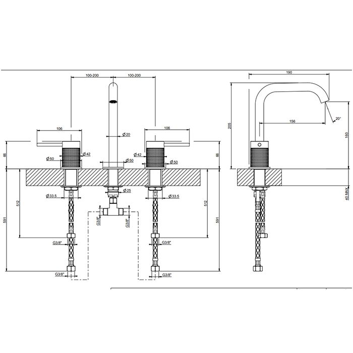 GESSI 316 Смеситель для раковины на 3 отверстия, без донного клапана, излив 156мм, h=201мм, цвет: brushed black metal pvd GESSI 316 Смеситель для раковины на 3 отверстия, без донного клапана, излив 156мм, h=201мм, цвет: brushed black metal pvd