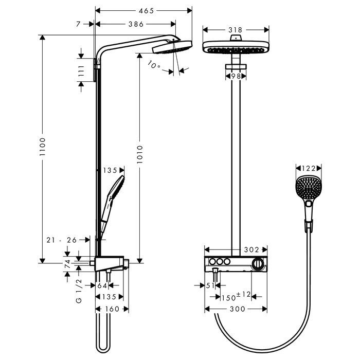 HG Raindance Select E Душевая система Showerpipe: верх.душ 300 3jet, ручн.душ, шланг, термостат с полочкой, цвет: хром HG Raindance Select E Душевая система Showerpipe: верх.душ 300 3jet, ручн.душ, шланг, термостат с полочкой, цвет: хром