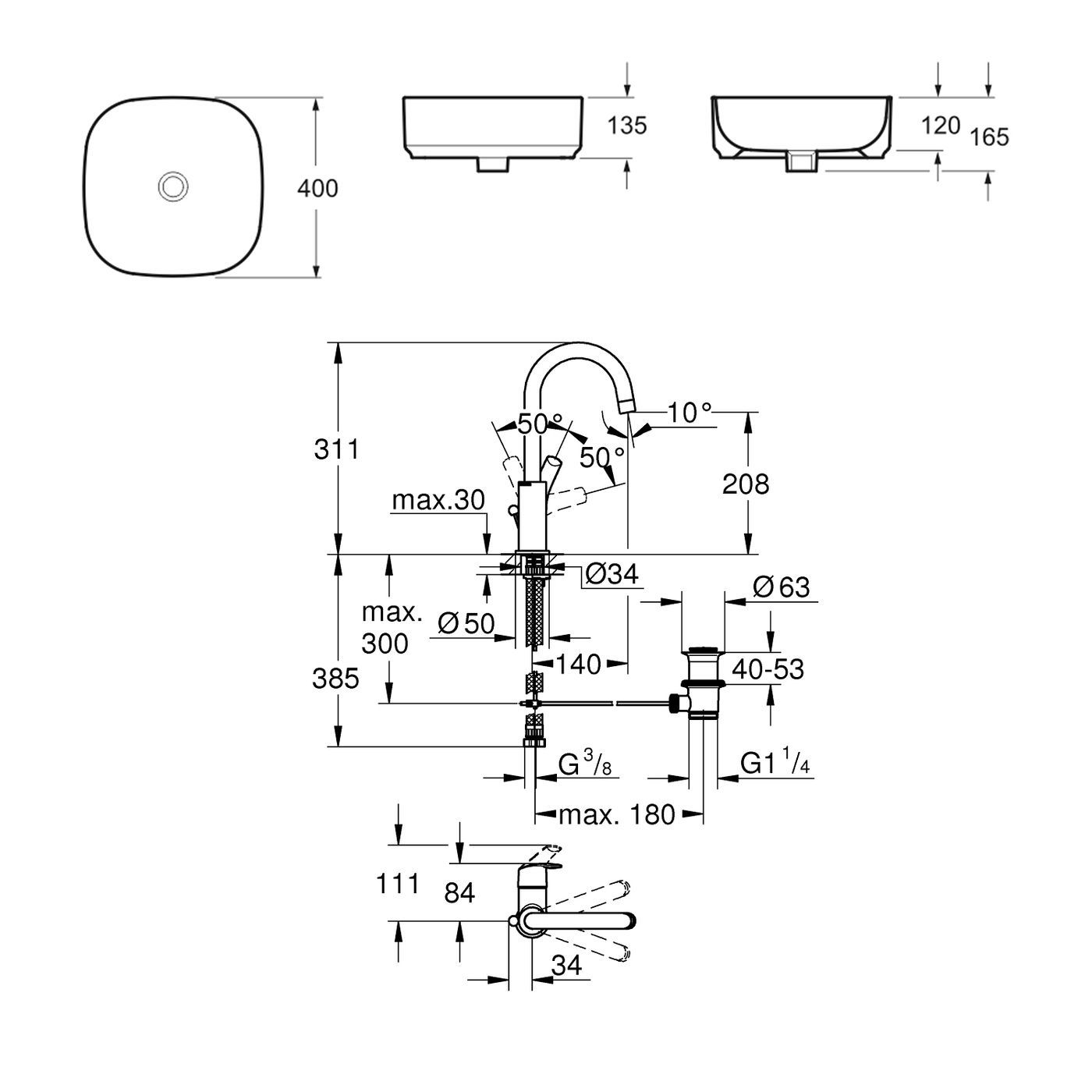 Комплект 2 в 1 Lavinia Boho Bathroom Sink Slim 21510210, накладная фарфоровая раковина 40 см, смеситель с донным клапаном