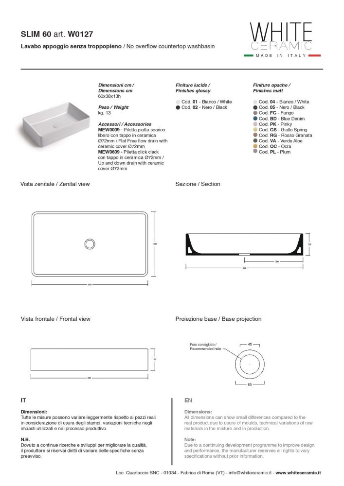 White Ceramic Slim, накладная прямоугольная раковина 60x38x13h см, цвет черный матовый, артикул W012705