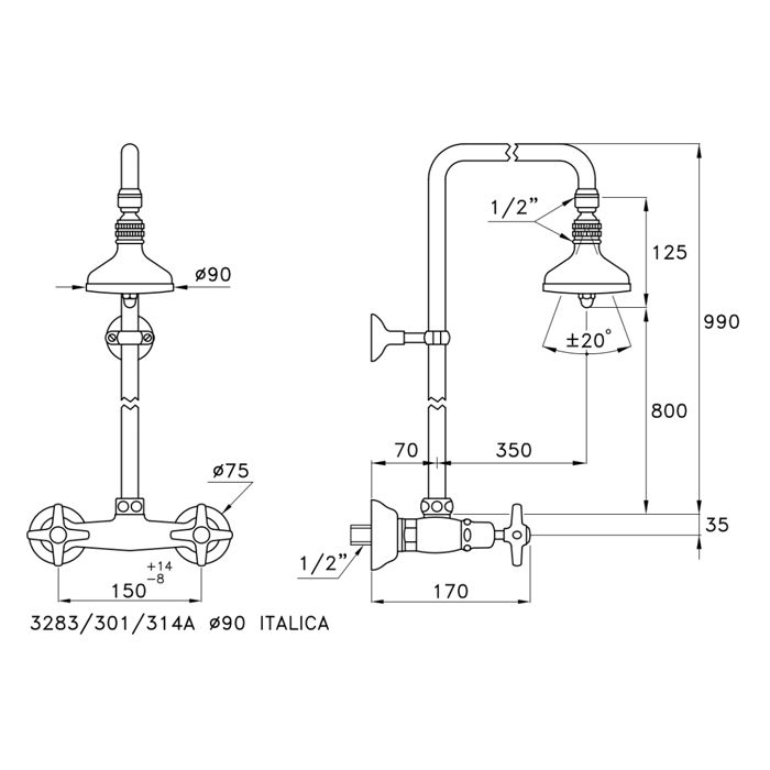 Stella Italica Душевой комплект 3283/301/314A-90: смеситель, штанга+верхний душ 90мм, цвет: хром