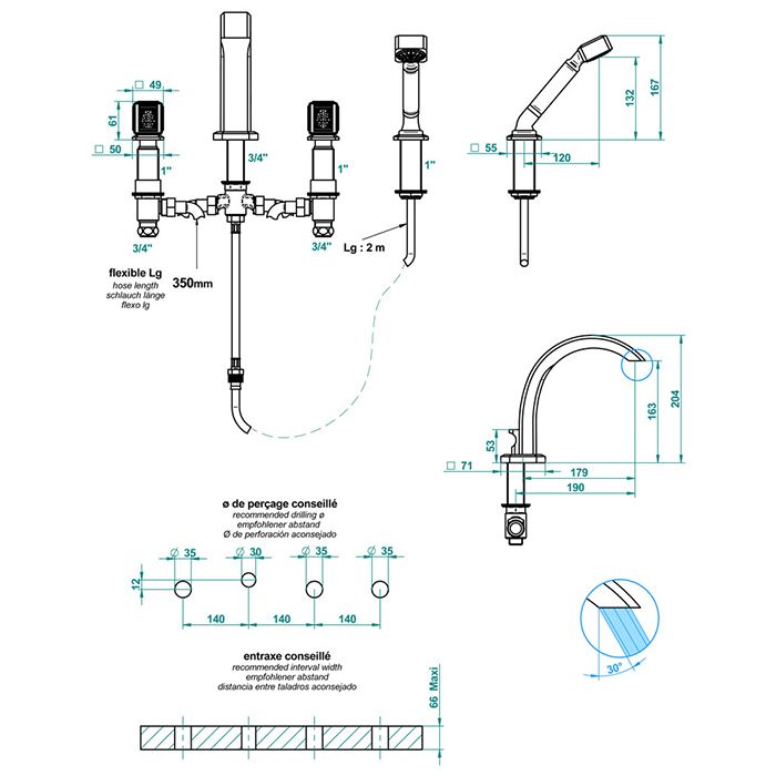 THG METROPOLIS CRISTAL CLAIR Смеситель на борт ванны, на 4 отверстия, с ручным душем, цвет хром